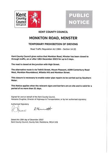  - Road Closure Monkton Road 18th December 2023 for up to 5 days