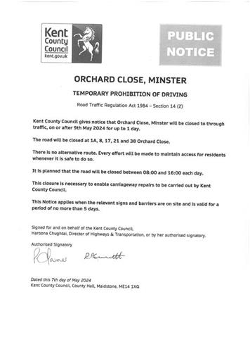  - Road Closure - Orchard Close